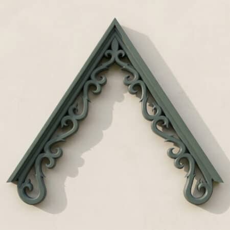 Accoya wood bargeboard with ornate scroll design, painted finish, suitable for traditional rooflines.