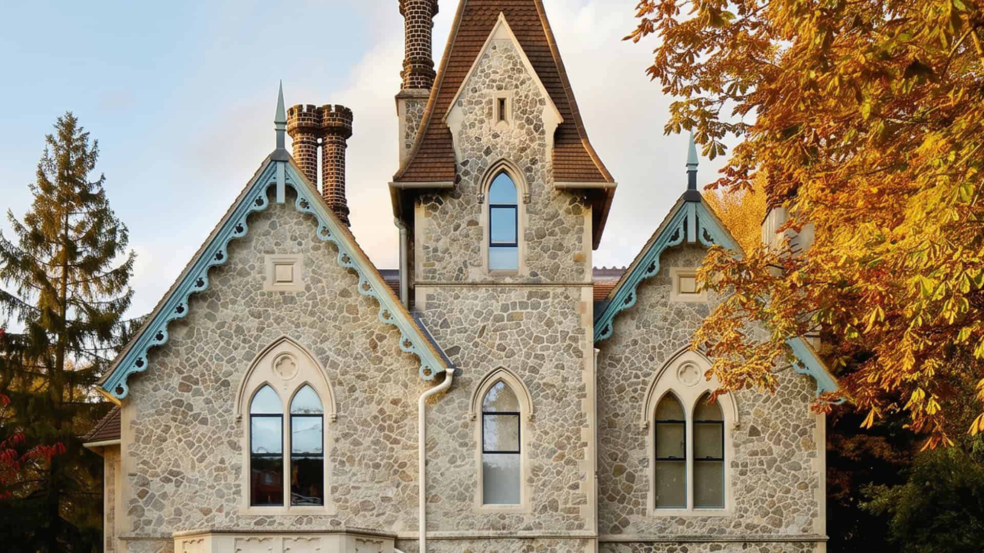 A detailed view of painted Accoya wood bargeboards with Gothic design on a historic stone house, fea.